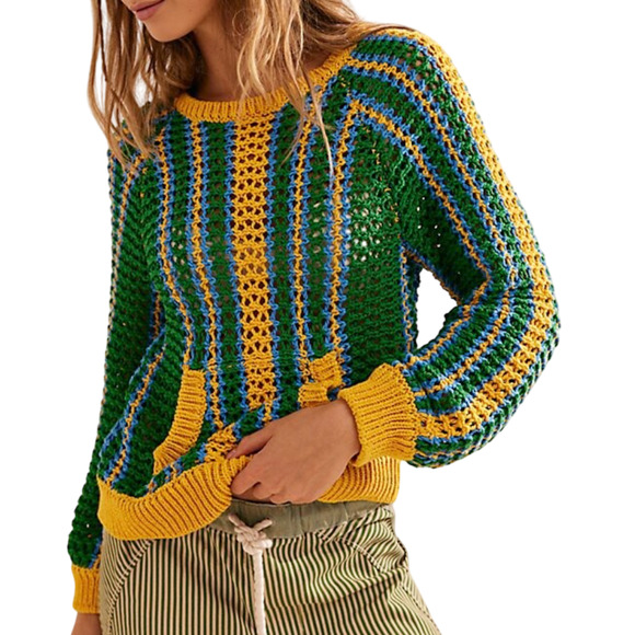 Free People Sweaters - NEW FREE PEOPLE FP BEACH GREEN BLUE YELLOW DAYTON STRIPED PULLOVER SWEATER SZ XS